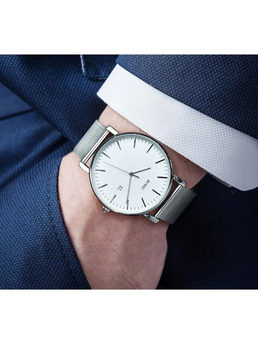 Men's Silver Classic Mesh Strap Minimalist Analog Quartz Waterproof Wrist Watch